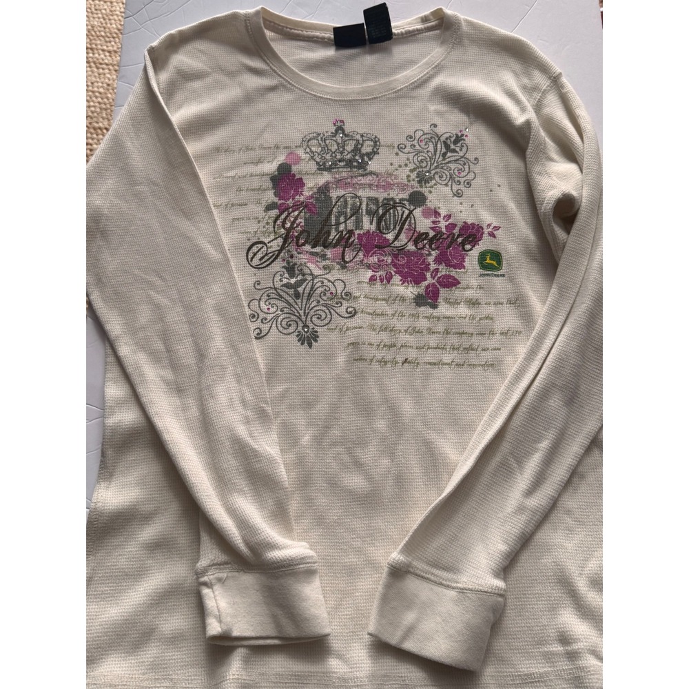 John Deere Womens XXL Waffle Knit Thermal Long Sleeve Graphic Top Cream Rhinestn